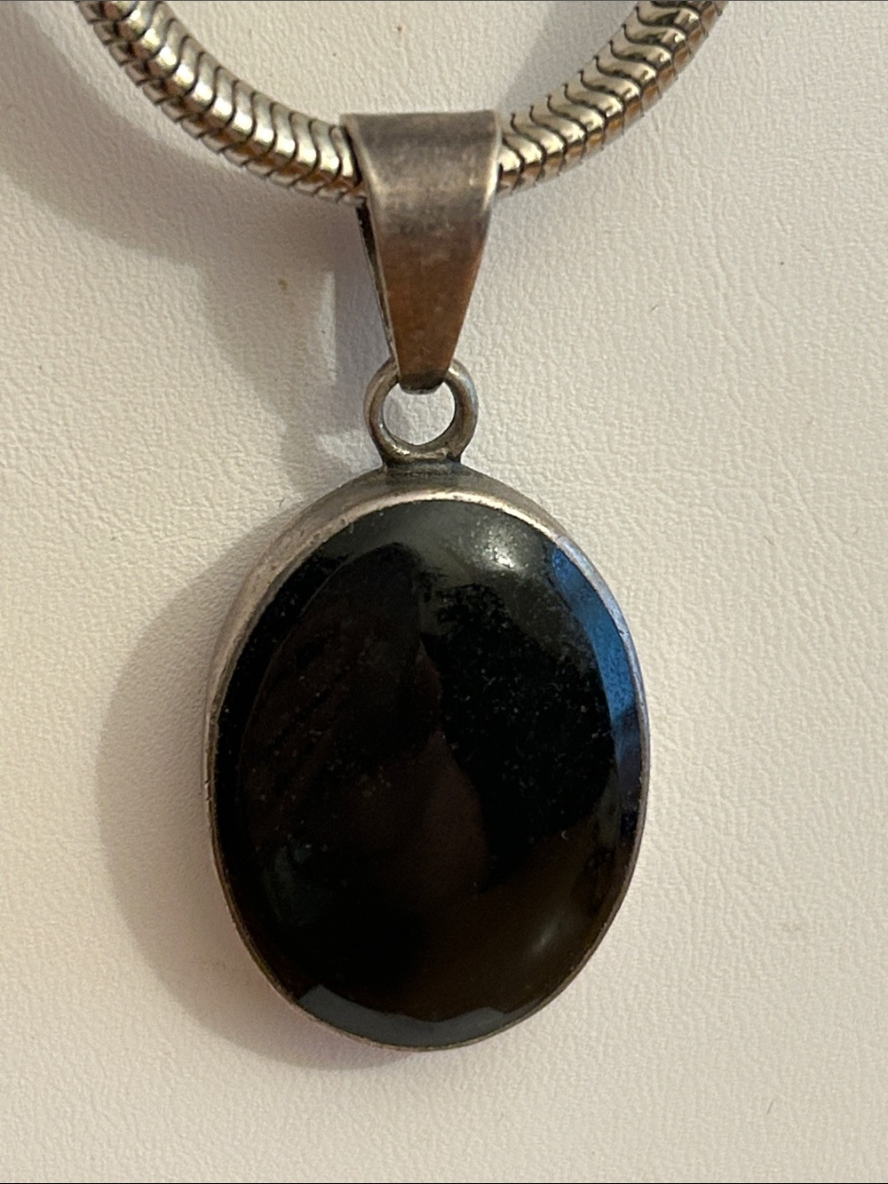 Mexico Black Oval Stone Pendant on Silver Tone Snake Chain Necklace
